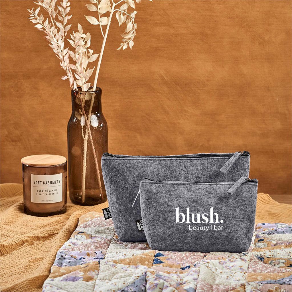 Okiyo Kesho Recycled PET Felt Mini Cosmetic Bag lifestyle Images With Logos
